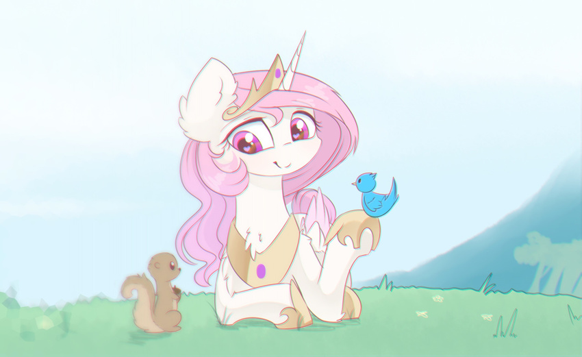 2016 avian bird chromatic_aberration crown equine feathered_wings feathers female feral friendship_is_magic fur grass hair horn jewelry lying lyra-senpai magnaluna mammal multicolored_hair my_little_pony necklace on_front outside pink_feathers princess_celestia_(mlp) purple_eyes rodent sky smile solo squirrel white_fur winged_unicorn wings young