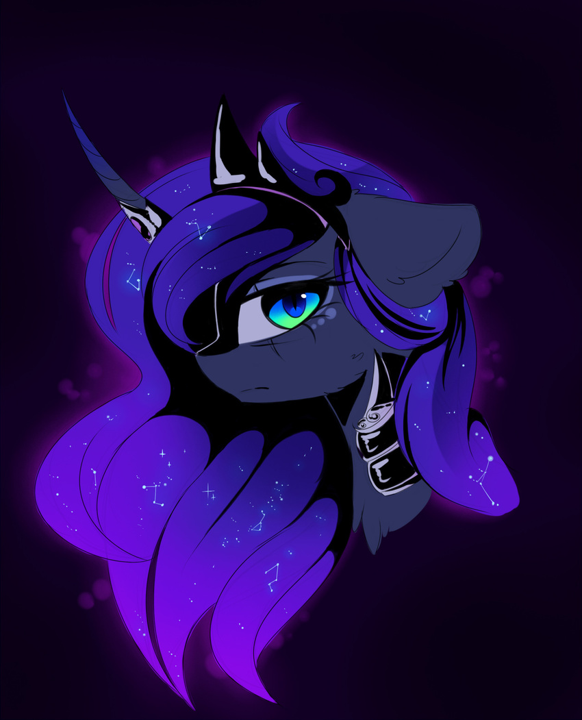 2016 black_background blue_hair crown equine female feral friendship_is_magic frown fur green_eyes grey_fur hair horn looking_at_viewer lyra-senpai magnaluna mammal my_little_pony portrait princess_luna_(mlp) simple_background solo unicorn