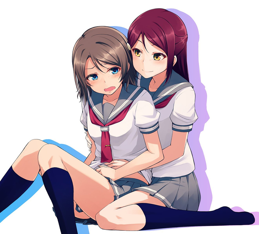 black_legwear blue_eyes duplicate grey_hair hair_ornament hairclip hug hug_from_behind long_hair love_live! love_live!_sunshine!! multiple_girls nanotsuki open_mouth red_hair sakurauchi_riko school_uniform serafuku sitting smile socks uranohoshi_school_uniform watanabe_you wavy_mouth yellow_eyes