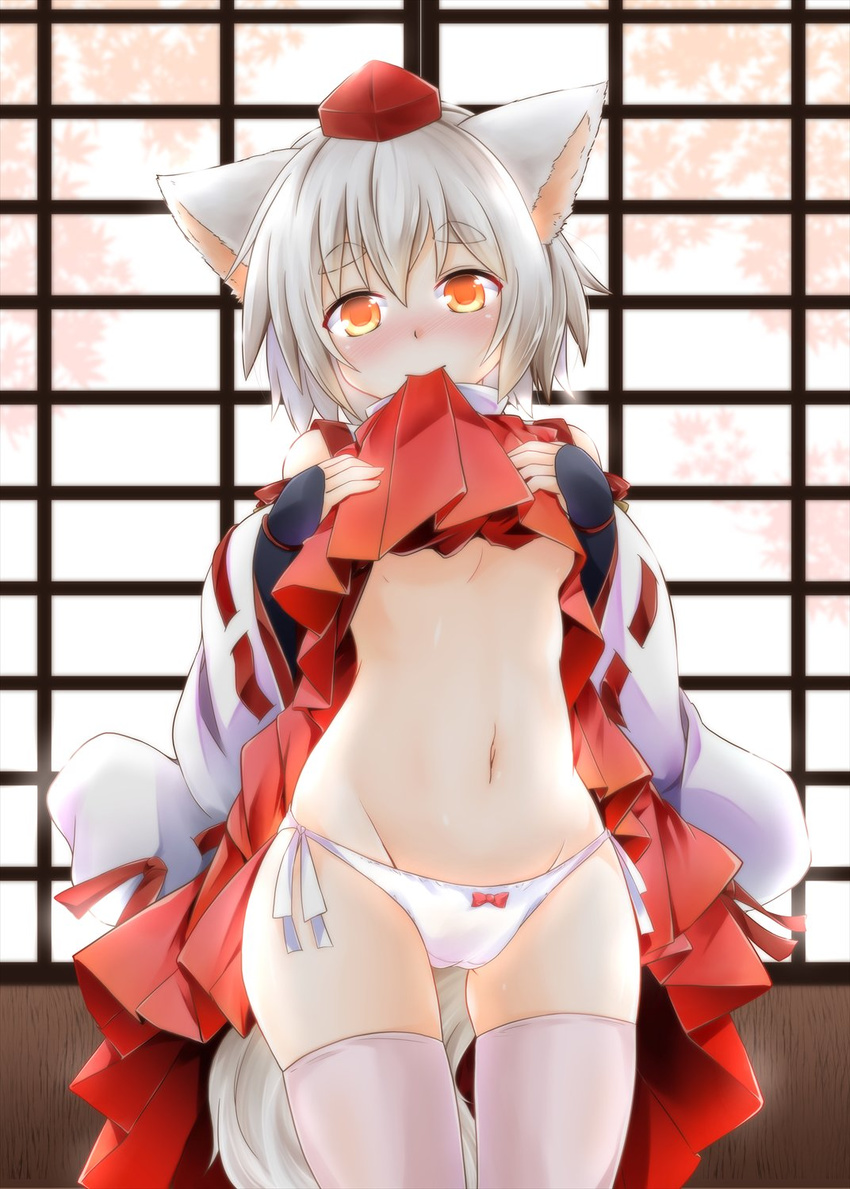 animal_ears bare_shoulders blush bow bow_panties breasts clothes_lift commentary_request detached_sleeves eyebrows glowing glowing_eyes groin hakama hat head_tilt highres inubashiri_momiji japanese_clothes kneeling lifted_by_self long_sleeves looking_at_viewer mouth_hold navel no_bra nose_blush orange_eyes panties red_bow short_hair side-tie_panties silver_hair small_breasts smile solo stomach tail thick_eyebrows thighhighs tokin_hat touhou tree_shade underboob underwear white_legwear white_panties wide_sleeves wolf_ears wolf_girl wolf_tail yozuki_shokora