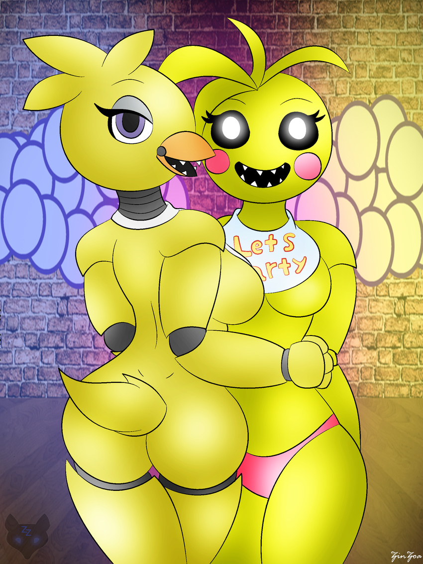 absurd_res animatronic anthro avian beak beakless bird breasts butt chica_(fnaf) chicken clothing duo eyeshadow featureless_breasts five_nights_at_freddy's five_nights_at_freddy's_2 furry-bites hi_res looking_at_viewer looking_back machine makeup non-mammal_breasts open_mouth panties robot rosy_cheeks side_boob teeth toy_chica_(fnaf) underwear video_games wide_hips