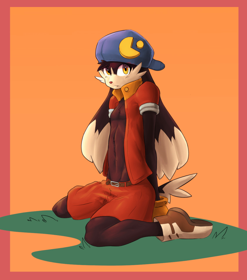 2016 anthro belt black_fur cat clothed clothing darkluxia digital_media_(artwork) feline footwear fur gloves grass hat hybrid klonoa klonoa_(series) kneeling lagomorph long_ears looking_at_viewer male mammal multicolored_fur open_jacket orange_background pac-man pac-man_(series) rabbit shorts shy simple_background sitting solo twang two_tone_fur video_games white_fur yellow_eyes