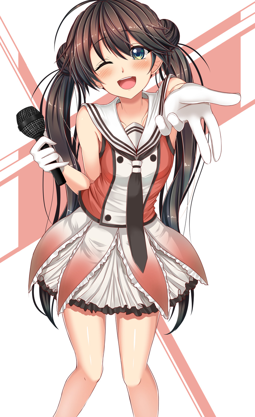 absurdres ahoge black_hair blue_eyes blush cosplay double-breasted double_bun gloves highres houshou_(kantai_collection) kantai_collection long_hair naka_(kantai_collection) naka_(kantai_collection)_(cosplay) one_eye_closed open_mouth remodel_(kantai_collection) sazamiso_rx school_uniform serafuku solo twintails white_gloves