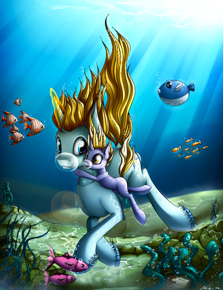 2016 absurd_res blonde_hair blue_eyes bubble cutie_mark dinky_hooves_(mlp) duo equine female feral fish friendship_is_magic glowing hair hi_res horn long_hair magic male mammal marine my_little_pony neko-me open_mouth prince_blueblood_(mlp) smile underwater unicorn water yellow_eyes