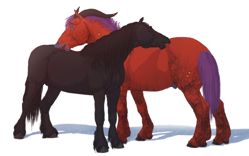 2014 animal_genitalia black_fur black_mane black_tail cel_shading chistokrovka digital_media_(artwork) draft_horse duo ear_piercing equine eyes_closed feral fetlocks friesian fully_sheathed fur grooming hooves horn horn_ring horse loki_(balorkin) male mammal mane multi_eye piercing purple_mane purple_tail quadruped red_fur red_teeth shadow sheath simple_background teeth tybalt_the_friesian white_background yellow_eyes