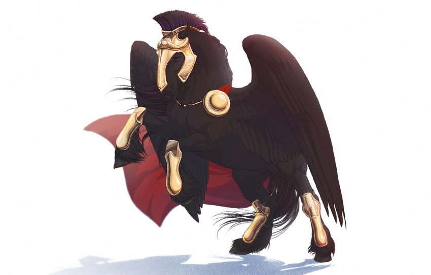 2015 animal_genitalia armor black_feathers black_fur black_mane black_tail cape cel_shading chistokrovka clothing digital_media_(artwork) equine eyes_closed feathered_wings feathers feral fetlocks fully_sheathed fur greaves helmet hooves male mammal mane on_hind_legs pegasus purple_mane purple_tail rome_silvanus shadow sheath simple_background solo two_tone_mane two_tone_tail vambraces white_background wings