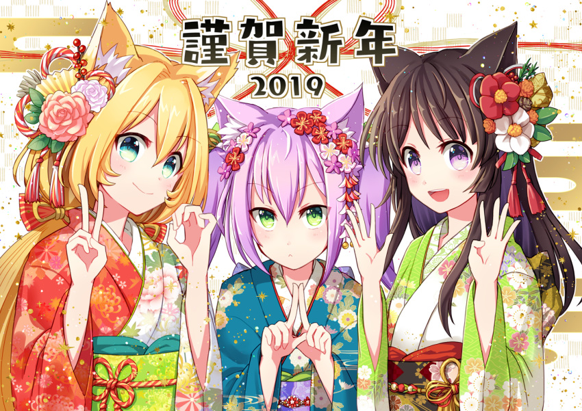 2019 3girls :&lt; :d animal_ear_fluff animal_ears aqua_eyes bangs black_hair blonde_hair blue_kimono blush cat_ears coconat_summer fingers_together floral_print flower gesture green_eyes green_kimono hair_flower hair_ornament hands_up happy_new_year japanese_clothes kanzashi kimono long_hair multiple_girls nengajou new_year obi open_mouth original pink_flower purple_eyes red_flower red_kimono sash smile twintails upper_body v white_flower