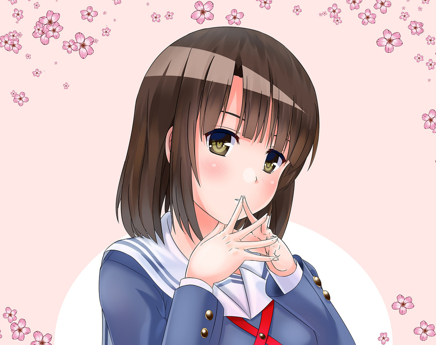 bangs blush brown_hair cherry_blossoms gradient gradient_background highres katou_megumi saenai_heroine_no_sodatekata school_uniform shan_zhu_feiyue short_hair solo yellow_eyes