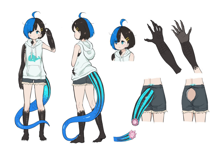 1girl ahoge bangs barefoot black_eyes black_hair black_shorts blue_eyes blue_hair blunt_bangs closed_mouth diagonal_bangs eyes_visible_through_hair hair_ornament hairclip hand_up heterochromia hood hood_down hoodie japanese_skink_(kamemaru) kamemaru lizard_tail monster_girl multicolored_hair multiple_views original scales short_hair short_shorts shorts simple_background sleeveless sleeveless_hoodie standing tail two-tone_hair white_background