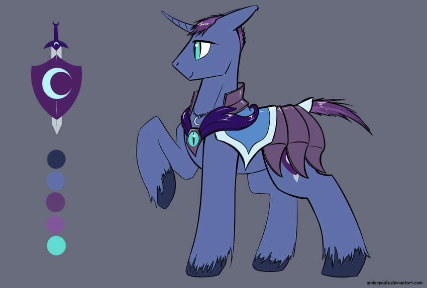 armor blue_eyes blue_hair cutie_mark equine fan_character feral grey_background hair hooves horn jewelry mammal model_sheet my_little_pony necklace purple_hair simple_background smile solo underpable unicorn