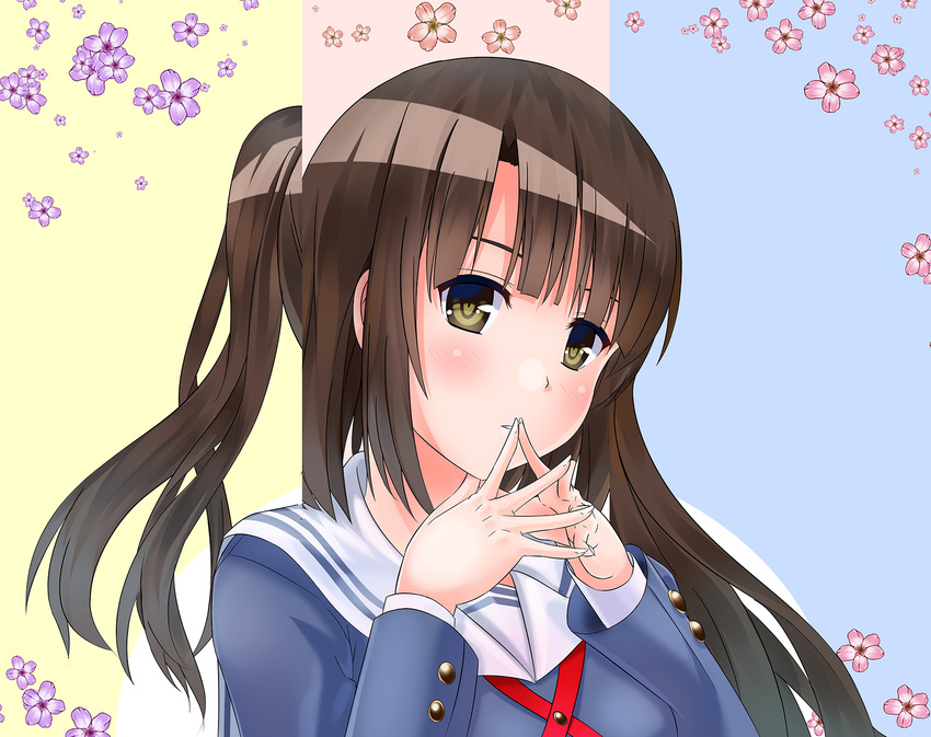 bangs blush brown_hair highres katou_megumi long_hair saenai_heroine_no_sodatekata school_uniform shan_zhu_feiyue solo yellow_eyes