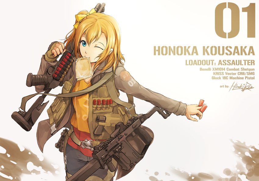 asymmetrical_gloves benelli_m1014 blue_eyes bow bulletproof_vest fingerless_gloves flashbang glock_18c gloves gun hair_bow highres hiroki_ree kousaka_honoka kriss_vector light_brown_hair love_live! love_live!_school_idol_project military mouth_hold number one_eye_closed one_side_up short_hair shotgun solo submachine_gun weapon yellow_bow