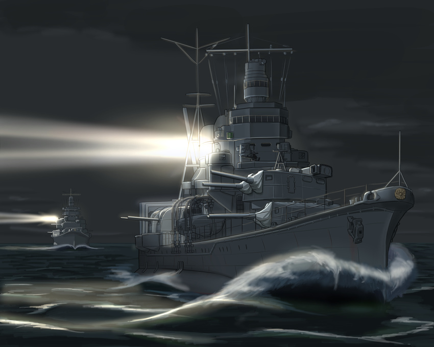 aoba_(cruiser) commentary_request cruiser highres imperial_japanese_navy military military_vehicle night night_sky no_humans ocean original railing searchlight ship shiro_yukimichi sky turret wake warship water watercraft waves world_war_ii