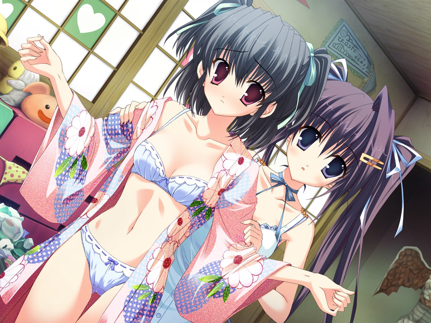 black_hair blue_bra blue_eyes blue_panties bow bow_bra bow_panties bra clear dutch_angle highres japanese_clothes kimono lingerie mitha multiple_girls non-web_source okamoto_nonoka open_clothes panties purple_eyes purple_hair short_hair twintails underwear undressing yukino_natsuki