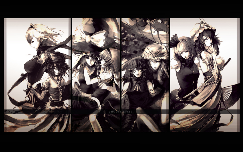 alice_margatroid braid breasts hakurei_reimu hat highres imperishable_night impossible_clothes impossible_shirt iori_yakatabako izayoi_sakuya kirisame_marisa knife konpaku_youmu medium_breasts monochrome multiple_girls remilia_scarlet ribbon saigyouji_yuyuko sepia shirt sword touhou weapon witch_hat yakumo_yukari