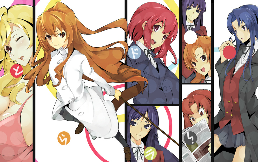 aisaka_taiga bad_id bad_pixiv_id blonde_hair blush bokken brown_hair highres kanou_sumire kashii_nanako kawashima_ami kihara_maya koigakubo_yuri kushieda_minori multiple_girls nanao_(mahaya) one_eye_closed smile sword takasu_yasuko toradora! weapon wooden_sword