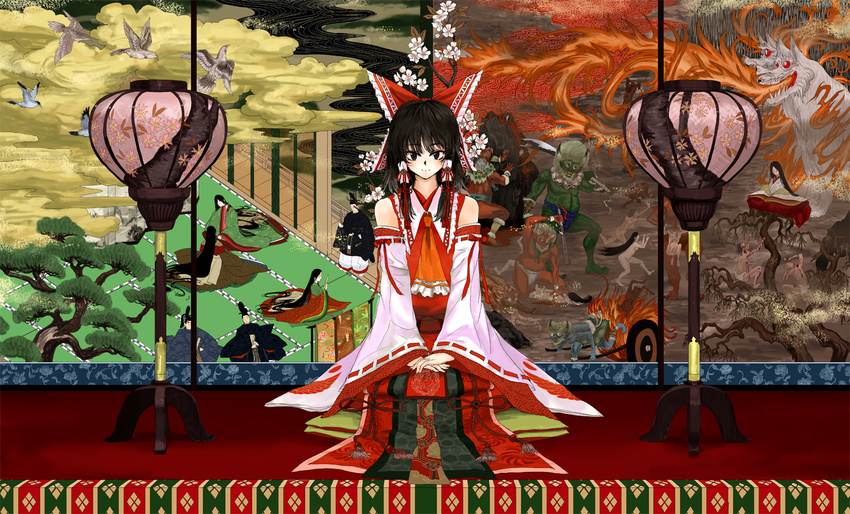 bare_shoulders bird black_eyes black_hair bow cherry_blossoms cloud demon detached_sleeves fine_art_parody hair_bow hakurei_reimu hands_together hat hell jewelry lantern looking_at_viewer monster necklace nihonga oni own_hands_together parody seiza sitting skull skull_necklace smile solo sword tassel tate_eboshi touhou tree tsurui v_arms weapon wide_sleeves