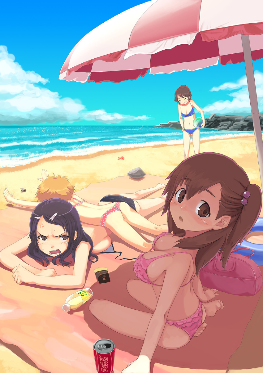 4girls absurdres angry ass bad_id bad_pixiv_id bag ball barefoot beach beachball blush breast_press breasts brown_eyes brown_hair child coca-cola copyright_request day hair_ornament hairclip highres kneeling large_breasts lying multiple_girls outdoors product_placement short_hair side_ponytail smile sunbathing