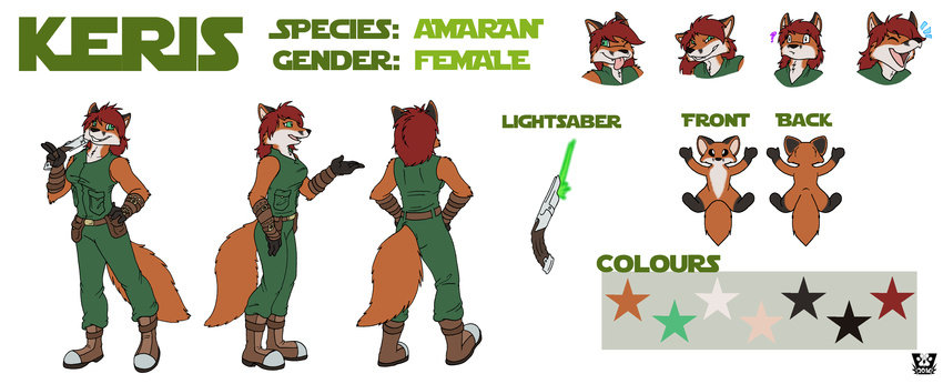 4_fingers absurd_res amaran anthro bangs belt boots breasts brown_nose canine clothed clothing coverall cute derp_eyes english_text facial_expressions fangs female footwear fox front_view fur green_eyes hair happy hi_res jedi keris_(path_of_the_sentinel) laugh lightsaber mammal markings melee_weapon model_sheet nude pants plushie rear_view red_hair side_view simple_background sleeveless smile socks_marking) solo standing star_wars text tongue valy_j._thunderbeast weapon white_background wristguards