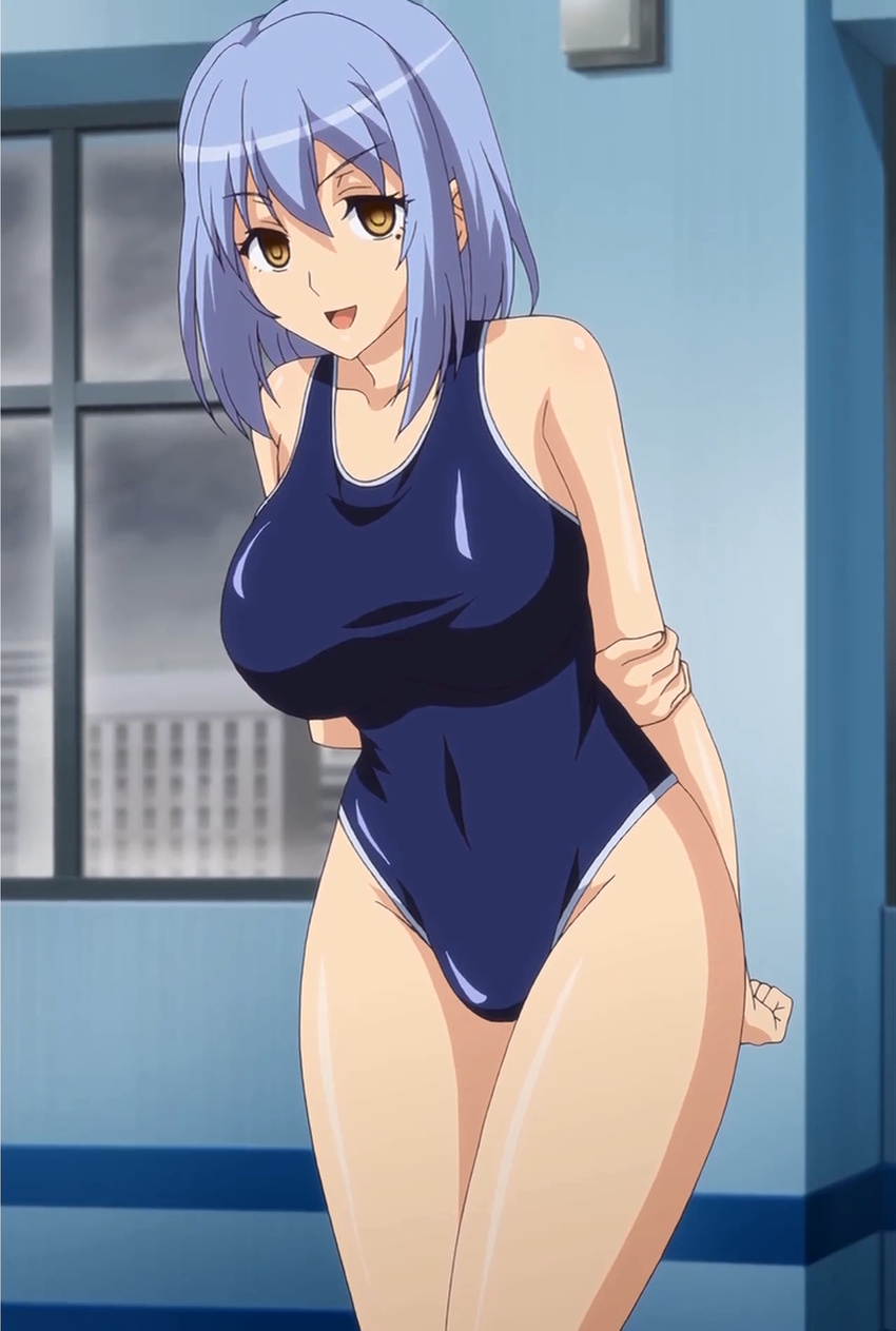 1girl blue_hair breasts gakuen_de_jikan_yo_tomare hand_on_back hypnotized school_swimsuit screencap short_hair solo window