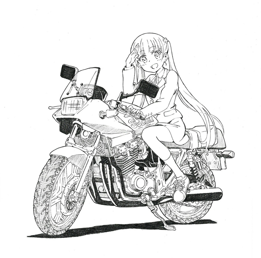 :d blazer blush collared_shirt formal full_body greyscale ground_vehicle head_tilt highres jacket kneehighs long_hair monochrome motor_vehicle motorcycle neck_ribbon new_game! nori_gutchin open_mouth ribbon salute shirt shoes sitting skirt smile sneakers solo suit suzukaze_aoba twintails very_long_hair
