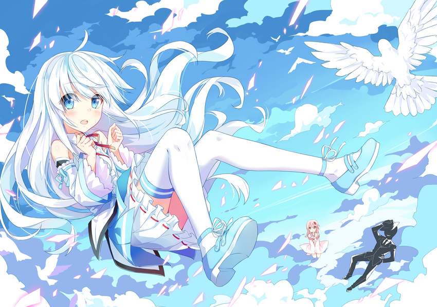 2girls absurdres artist_request bird blue_eyes day detached_sleeves dove floating_hair highres kuuki_shoujo long_hair looking_at_viewer mary_janes multiple_girls open_mouth shoes skirt sky solo_focus the_personification_of_atmosphere thighhighs white_hair