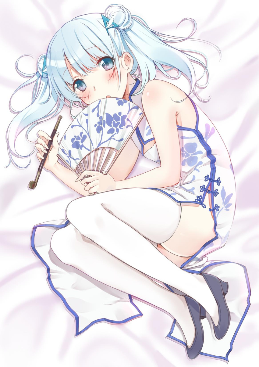 :o artist_request bed_sheet blue_eyes china_dress chinese_clothes double_bun dress fan floral_print highres holding holding_pipe kiseru kuuki_shoujo light_blue_hair long_hair lying on_side pelvic_curtain pipe side_slit sleeveless solo the_personification_of_atmosphere thighhighs twintails white white_legwear