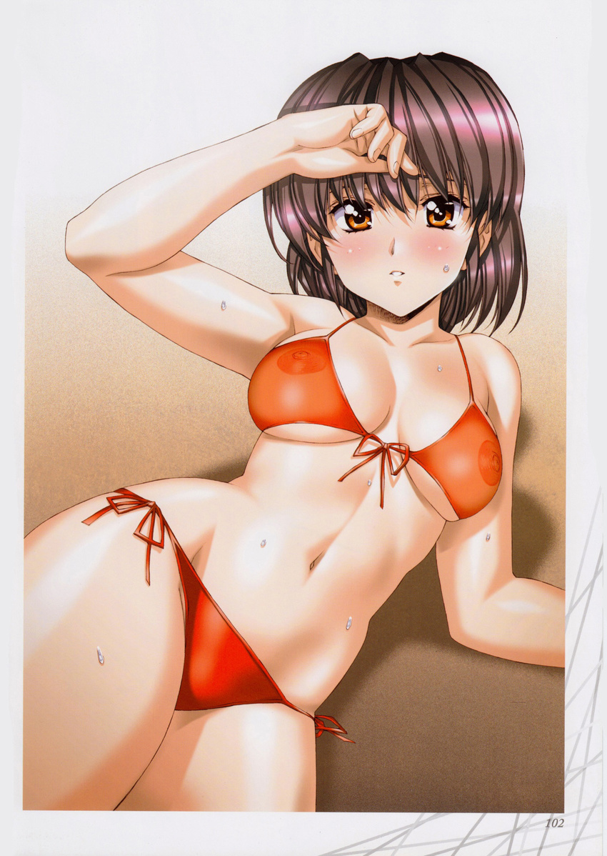 arm_support bikini bikini_top blush breasts brown_eyes brown_hair covered_nipples front-tie_top highres large_breasts looking_at_viewer lying navel nipples non-web_source original parted_lips see-through shiny shiny_skin short_hair side-tie_bikini simple_background smile solo sweat swimsuit urushihara_satoshi