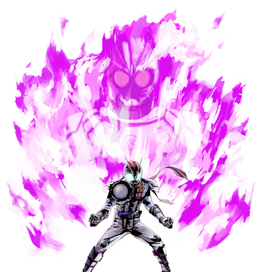 antennae armor belt blue_eyes bttfghn fire glowing glowing_eyes helmet highres kamen_rider kamen_rider_chaser kamen_rider_drive_(series) kamen_rider_mach mask multiple_boys projected_inset purple_fire scarf spoilers wheel white_background