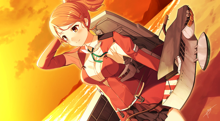 anchor aquila_(kantai_collection) artist_name bow breasts brown_eyes cloud commentary dutch_angle flight_deck hair_ornament hairclip hand_behind_head kantai_collection looking_away medium_breasts ocean orange_sky outdoors ponytail red_hair sahuyaiya scenery skirt sky smile solo sunset water