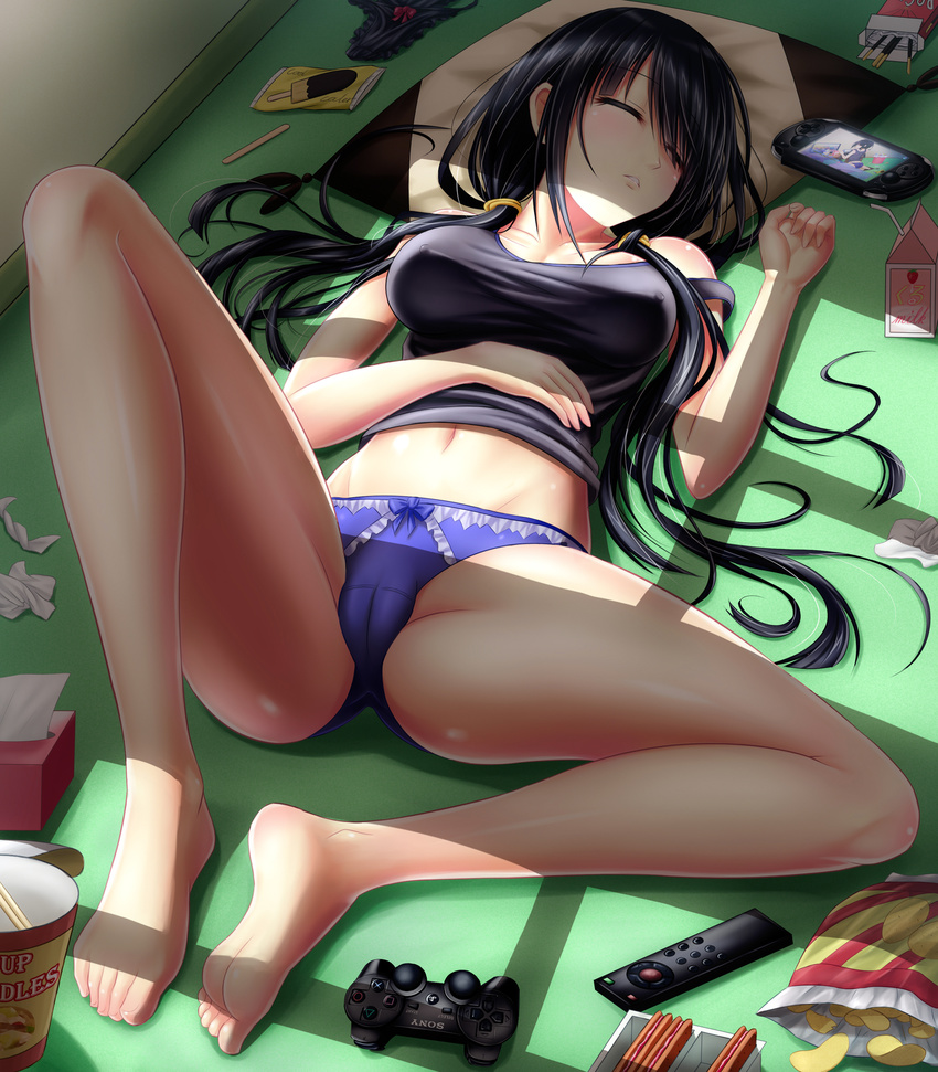 bag_of_chips bangs bare_legs barefoot bendy_straw black_hair black_panties black_shirt bow bow_panties breasts cameltoe chips closed_eyes commentary_request controller cookie covered_nipples crotch_seam cup_ramen date_a_live drinking_straw dualshock facing_away food full_body game_console game_controller gamepad hand_on_own_stomach handheld_game_console highres indoors knee_up large_breasts long_hair low_twintails lying md5_mismatch messy_room milk_carton navel no_pants on_back on_floor panties pillow playstation_controller playstation_vita pocky popsicle_stick potato_chips purple_panties remote_control shirt sleeping snack solo spread_legs strap_slip tank_top taut_clothes tissue tissue_box tokisaki_kurumi tsubasaki twintails underwear used_tissue very_long_hair window_shade