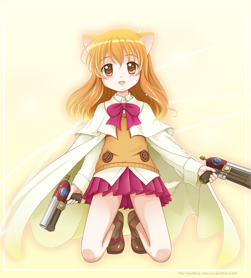 animal_ears blush brown_eyes cape dog_days dog_ears dog_girl gun handgun highres kahis_(sweetbriar) kneeling looking_at_viewer orange_hair pink_skirt pistol pleated_skirt ricotta_elmar short_hair skirt smile solo tail weapon