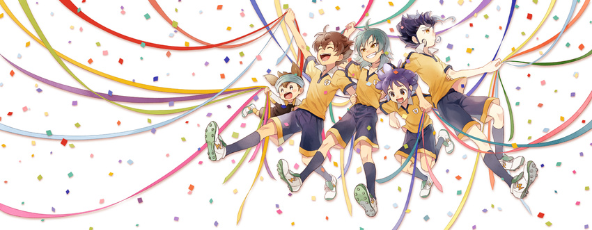 aqua_hair blue_hair brown_hair closed_eyes goalkeeper grin headband inazuma_eleven_(series) inazuma_eleven_go kageyama_hikaru kariya_masaki male_focus matsukaze_tenma multiple_boys negative_space nishizono_shinsuke open_mouth purple_hair raimon raimon_soccer_uniform riho smile soccer_uniform sportswear tsurugi_kyousuke white_background yellow_eyes