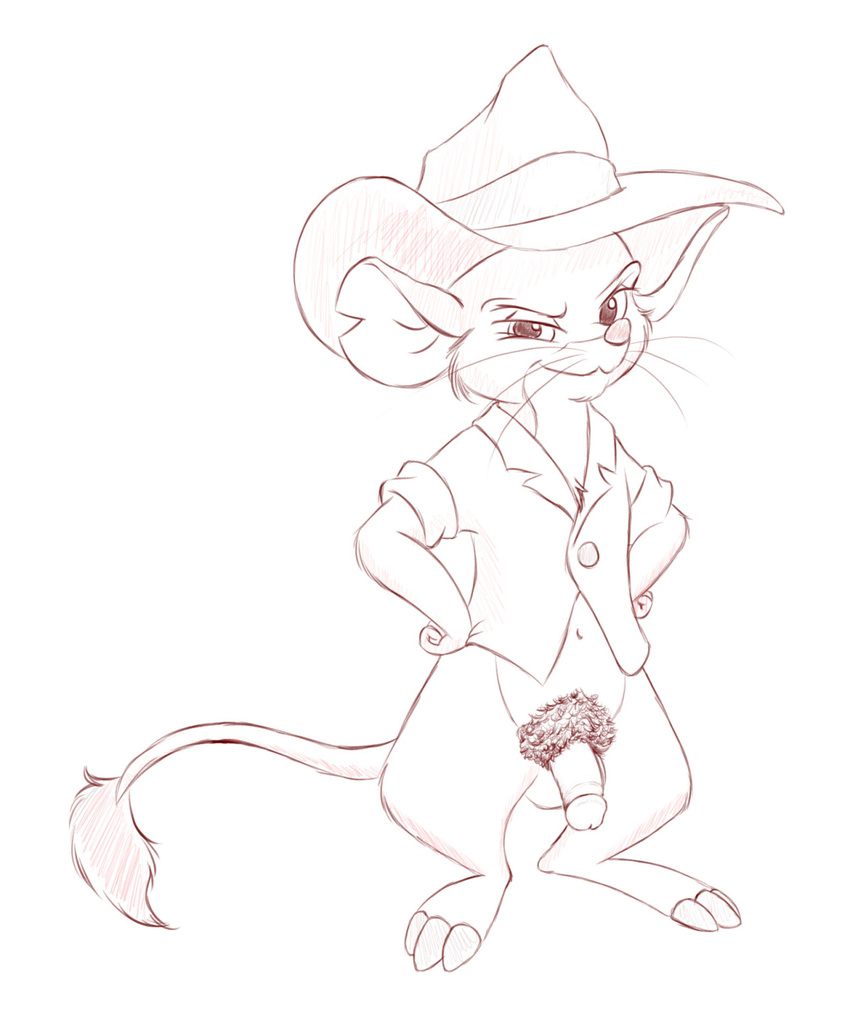 anthro bottomless circumcised clothed clothing digital_drawing_(artwork) digital_media_(artwork) disney dress_shirt fedora flaccid front_view hands_on_hips hat jake_(the_rescuers) kangaroo_rat line_art long_tail looking_at_viewer male mammal monochrome navel penis pinup pose pubes rodent shirt solo standing the_rescuers unknown_artist whiskers