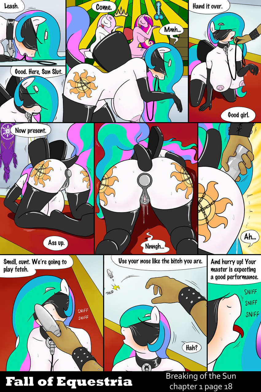 2016 anal anal_penetration anthro anthrofied areola big_breasts blindfold blush breasts broken_horn buttplug clothing collar comic crown cutie_mark dialogue elbow_gloves english_text equine fall_of_equestria female fleur_de_lis_(mlp) friendship_is_magic gloves horn leash legwear mammal my_little_pony nipples penetration ponkpank princess_cadance_(mlp) princess_celestia_(mlp) pussy pussy_juice sex_toy slave stockings tail_wraps text winged_unicorn wings wraps