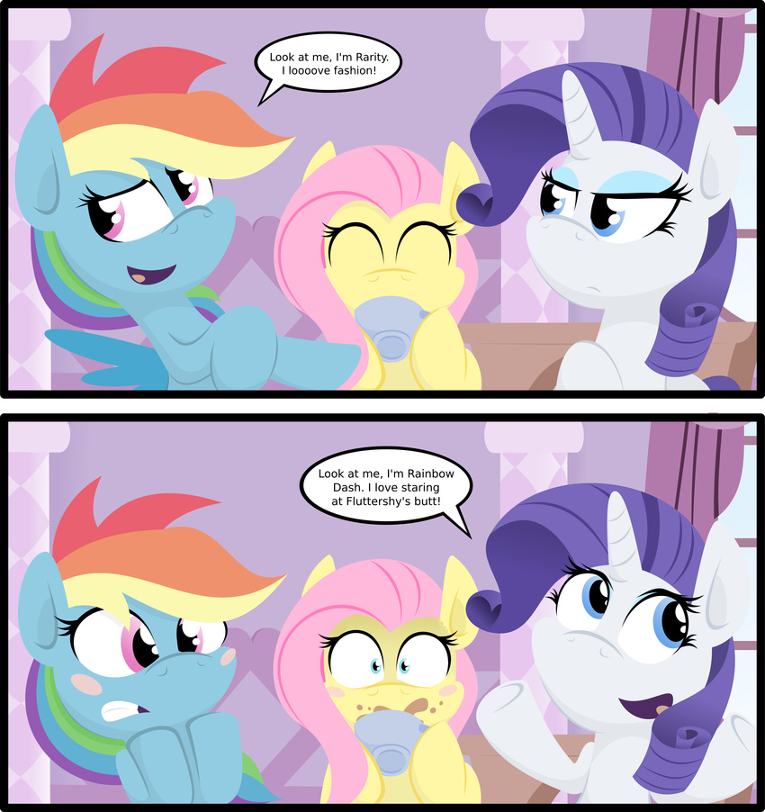 2016 blue_fur blush comic dialogue drinking english_text equine feathered_wings feathers female feral fluttershy_(mlp) friendship_is_magic fur group hair horn jittery-the-dragon mammal multicolored_hair my_little_pony pegasus rainbow_dash_(mlp) rainbow_hair rarity_(mlp) text unicorn wings