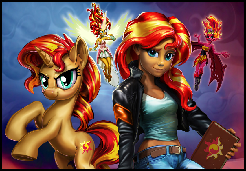 5_fingers anthro armpits bare_shouders blonde_hair book breasts clothed clothing cutie_mark equestria_girls equine eyelashes feral green_eyes hair harwick hooves horn human looking_at_viewer mammal membranous_wings my_little_pony nude red_hair red_skin smile solo sunset_shimmer_(eg) unicorn wide_hips wings