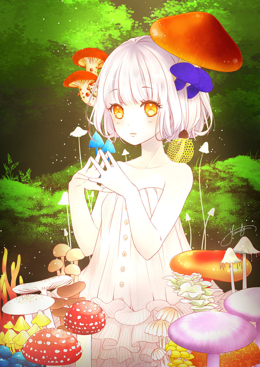 ahira_yuzu artist_name blush closed_mouth commentary_request dress fern forest frown grass hands_together highres layered_dress mushroom nature orb original signature solo strapless strapless_dress white_dress white_hair yellow_eyes