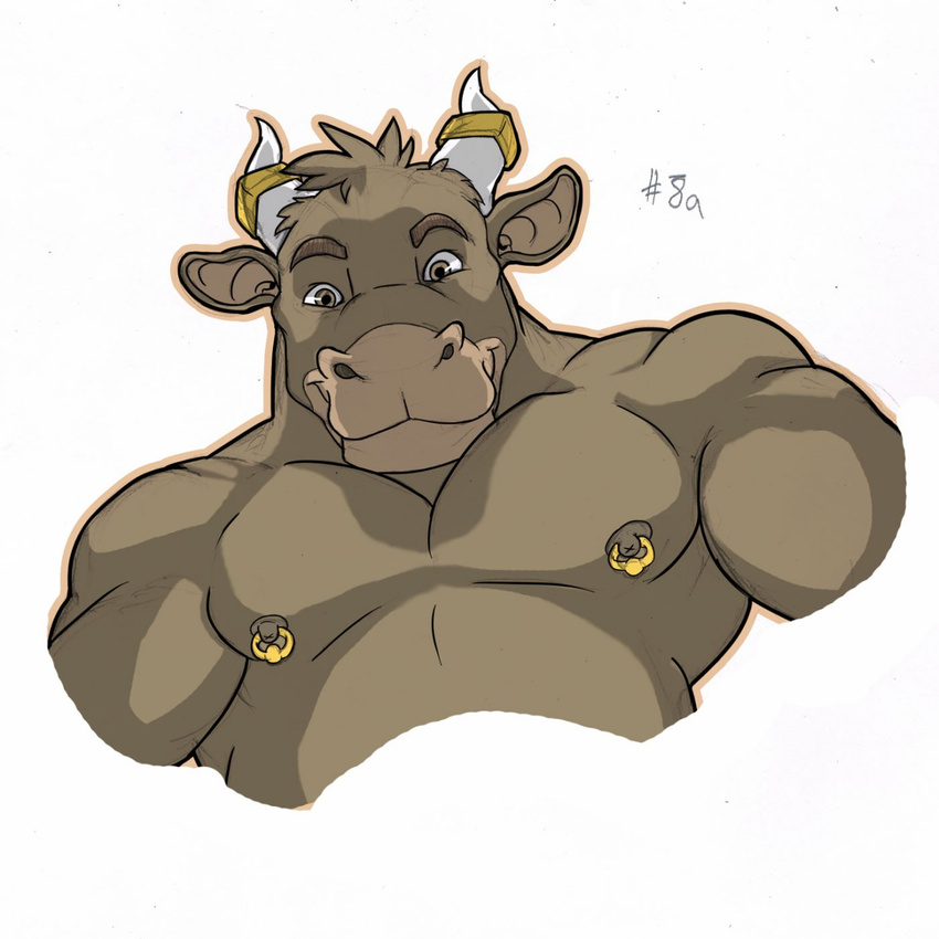 2014 anthro armpits biceps bovine brown_eyes brown_fur brown_nipples buck_(evane) bust_portrait cattle erect_nipples evane fur gold_(metal) hi_res horn horn_ring looking_at_viewer male mammal monchi muscular muscular_male nipple_piercing nipples pecs piercing portrait signature simple_background smile solo white_background