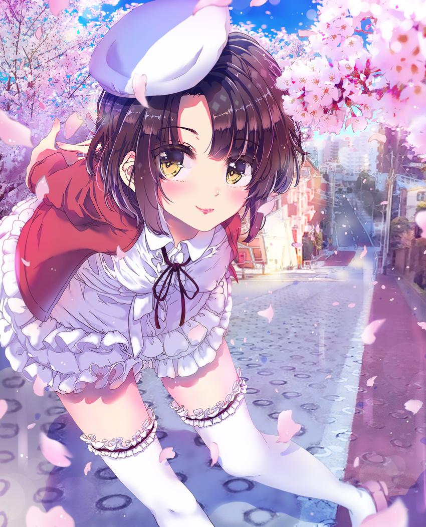 arms_behind_back bangs bent_over beret blue_sky blurry brown_eyes brown_hair building center_frills cherry_blossoms closed_mouth day depth_of_field dress eyebrows eyebrows_visible_through_hair flower frills garters hat highres jacket katou_megumi legs_apart lens_flare lipstick long_sleeves looking_at_viewer makeup nail_polish neck_ribbon outdoors petals pink_flower pink_footwear pink_lips pink_nails power_lines red_jacket ribbon ricca road saenai_heroine_no_sodatekata shadow shoes short_hair sky smile solo standing street thighhighs utility_pole white_dress white_hat white_legwear yellow_eyes zettai_ryouiki
