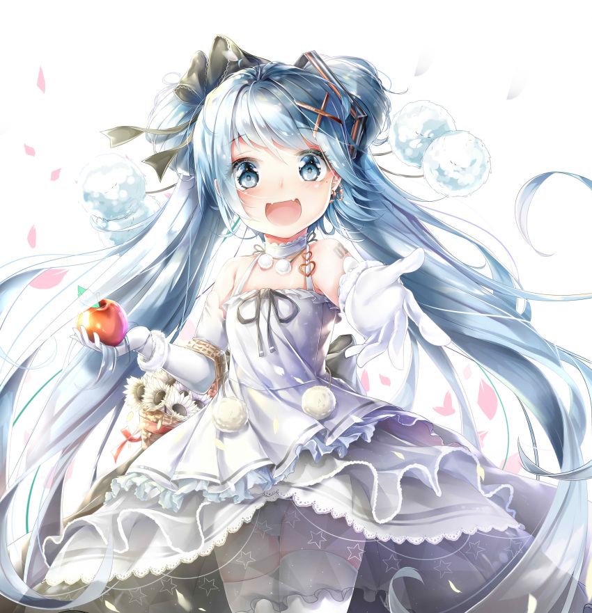 1girl absurdres apple blue_eyes blue_hair cowboy_shot dress earrings elbow_gloves eyebrows_visible_through_hair flower food fruit gloves hatsune_miku highres holding holding_food holding_fruit jewelry long_hair looking_at_viewer open_mouth panties pedo0201 petals solo thighhighs twintails underwear very_long_hair vocaloid white_background white_dress white_gloves white_legwear white_panties yuki_miku