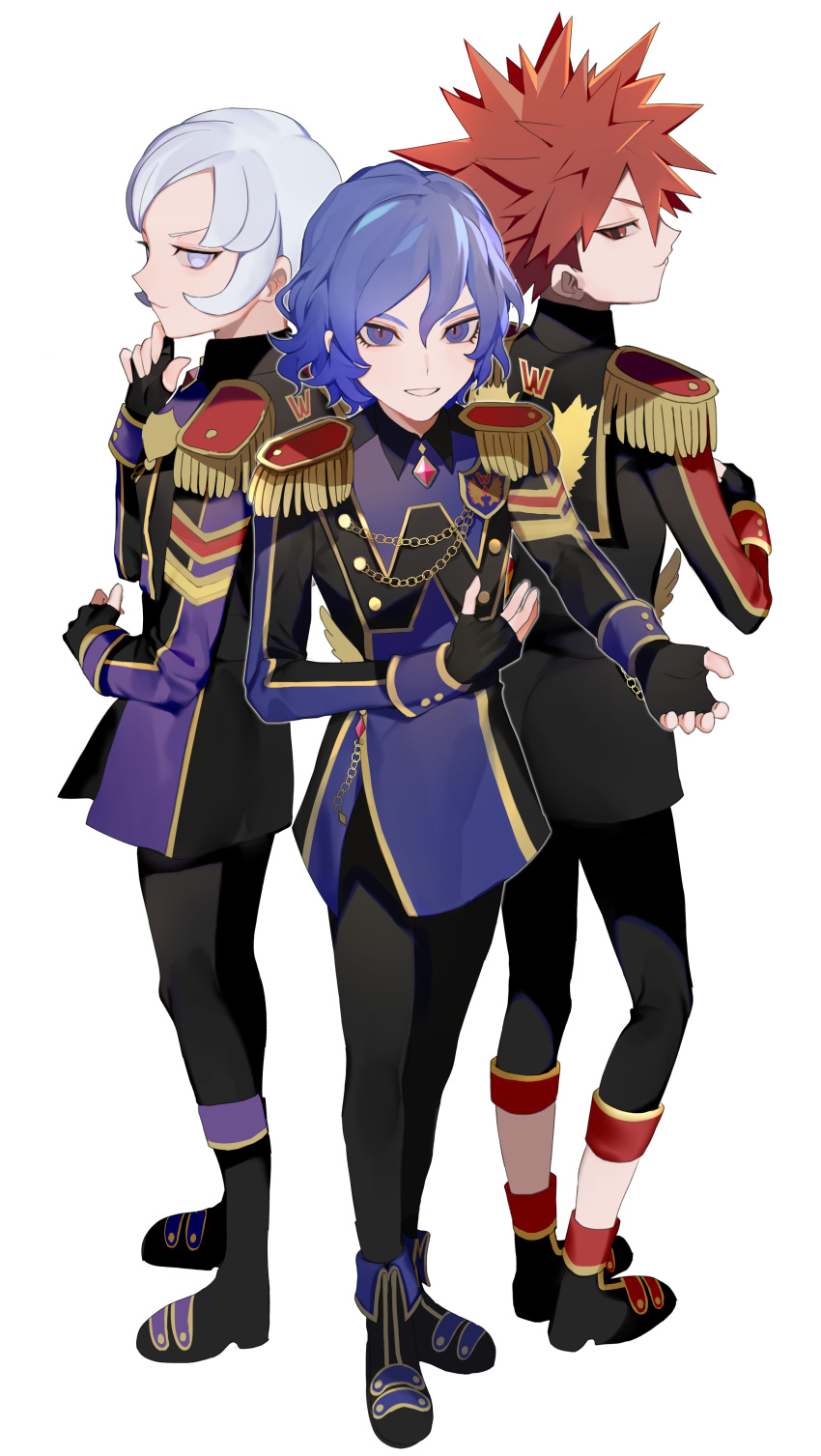 3boys absurdres blue_eyes blue_hair epaulettes fingerless_gloves gloves grin highres inazuma_eleven inazuma_eleven_(series) inazuma_eleven_ares_no_tenbin looking_at_viewer megusuri mizukamiya_seiryuu multiple_boys red_eyes sasotsuka_eiji shiratori_tsumuki silver_hair smile spiked_hair uniform white_eyes