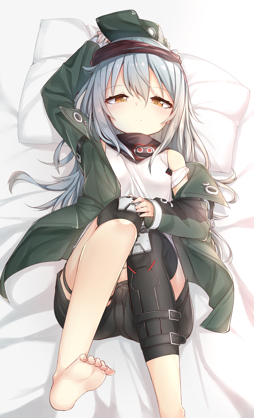 bandana barefoot bed darnell g11_(girls_frontline) girls_frontline hat highres long_hair looking_at_viewer lying on_back silver_hair solo toes