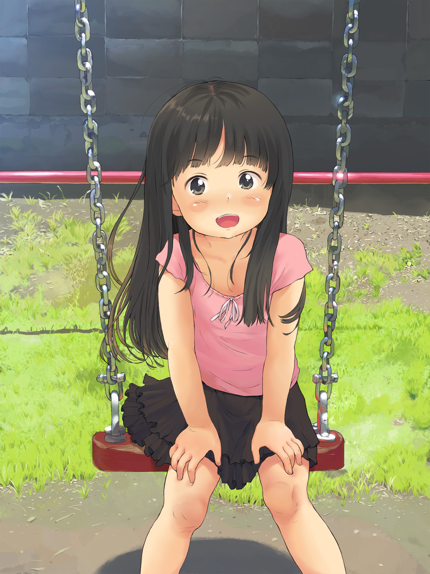 :d absurdres anyannko black_eyes black_hair blush child day eyebrows eyebrows_visible_through_hair hands_on_own_thighs highres long_hair open_mouth original outdoors shirt sitting skirt smile solo swing