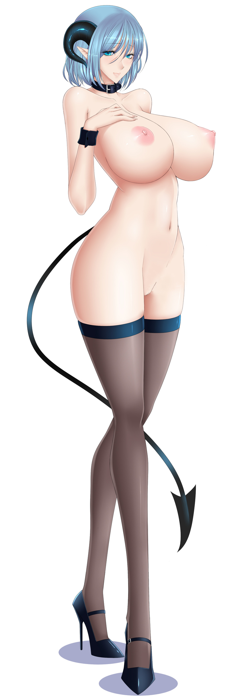 1girl baru_(val-val) blue_eyes blue_hair breasts censored choker high_heels highres horns large_breasts nipples nude pixiv_manga_sample resized shoes short_hair simple_background solo succubus tail thighhighs