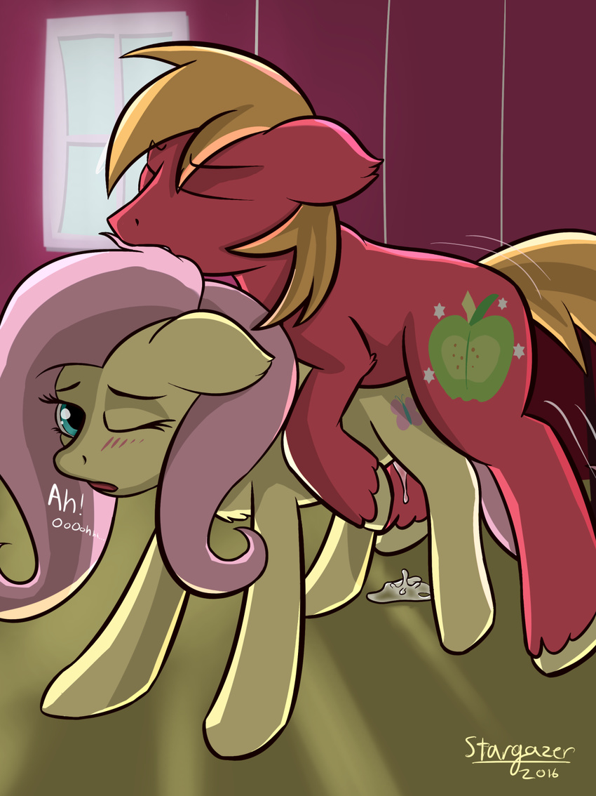 2016 big_macintosh_(mlp) blonde_hair blush cum cutie_mark duo earth_pony english_text equine female feral fluttershy_(mlp) friendship_is_magic fur hair horse inside male mammal my_little_pony pink_hair pony red_fur sex stargazer text window yellow_fur