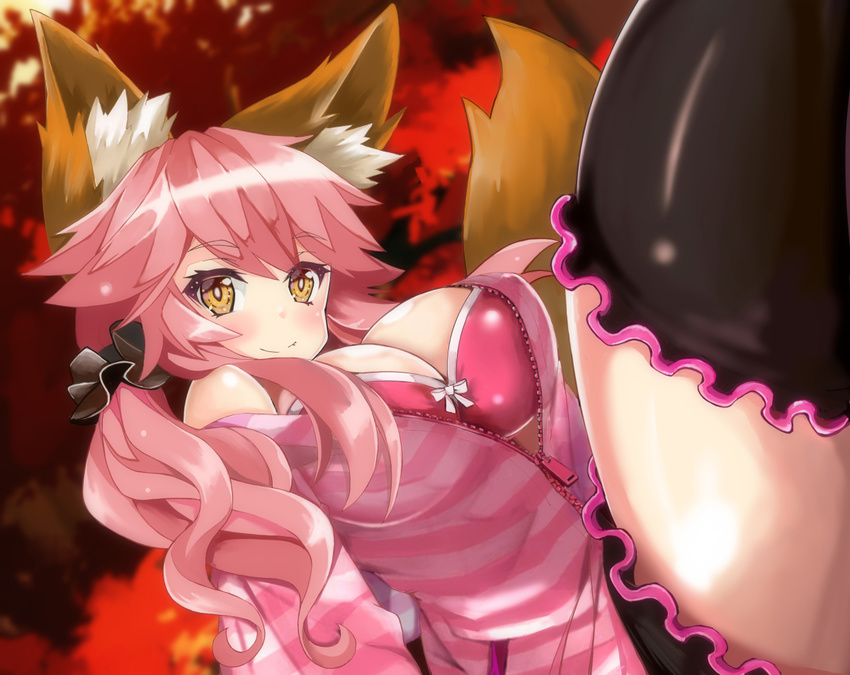 animal_ears autumn autumn_leaves blush bra breasts cleavage denden_taiko fate/extra fate_(series) fox_ears fox_tail large_breasts open_clothes open_shirt pink_bra pink_hair shirt solo tail tamamo_(fate)_(all) tamamo_no_mae_(fate) thighs underwear yellow_eyes