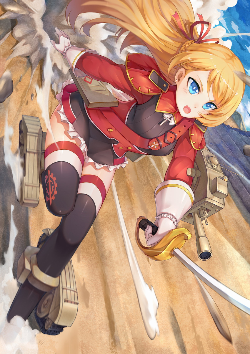 black_legwear blonde_hair blue_eyes blush choukoukou_no_diaosi cloud cross day earrings gloves ground_vehicle highres holding holding_sword holding_weapon jewelry long_hair military military_vehicle motor_vehicle open_mouth outdoors panzer_waltz saber_(weapon) sky stud_earrings sword tank thighhighs weapon white_gloves
