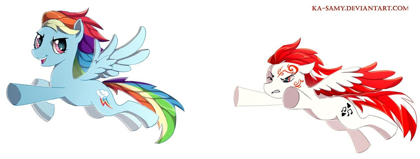 blue_feathers cutie_mark duo equine eyelashes fan_character feathered_wings feathers female feral flying friendship_is_magic fur hair hooves ka-samy mammal multicolored_hair my_little_pony nude open_mouth pegasus pink_eyes rainbow_dash_(mlp) rainbow_hair red_eyes red_hair simple_background smile teeth white_background white_feathers white_fur wings