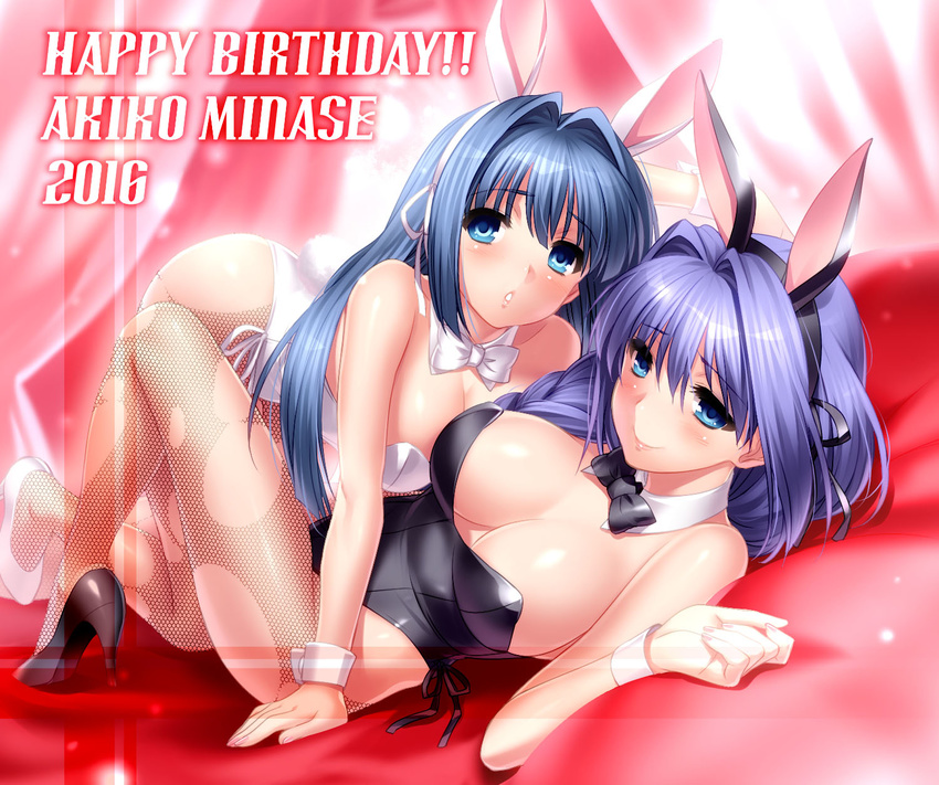 2girls all_fours animal_ears ass bangs blue_eyes bow bowtie braid breasts bunny_ears bunny_tail bunnysuit character_name cleavage detached_collar fishnet_pantyhose fishnets hair_intakes happy_birthday highres kanon large_breasts long_hair lying mature minase_akiko minase_nayuki mother_and_daughter multiple_girls open_mouth pantyhose parted_lips purple_hair ribbon smile straddling tail torn_clothes torn_legwear wrist_cuffs zen